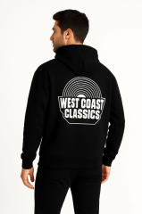 Erkek Üç İplik Kapüşonlu Ön Ve Arka Baskılı SweatShirt Hoodie - Siyah