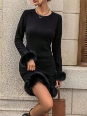 Kadın Uzun Kollu Bisiklet Yaka Etek Ucu Ve Kol Ucu Kürk Detaylı Modal Kısa Elbise