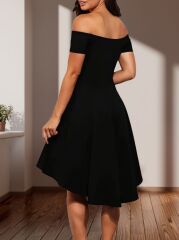 Kadın Kısa Kollu Madonna Yaka önü Kısa Arkası Uzun Ithal Krep Elbise