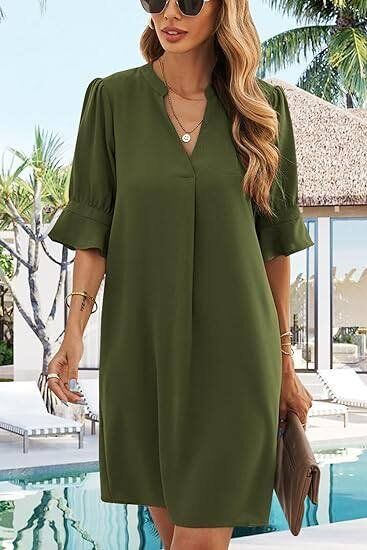 Kadın Dokuma Viskon Kumaş V Açıklıklı Yuvarlak Bant Yaka Salaş Mini Elbise