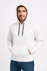 Erkek Üç İplik Kapüşonlu Kanguru Cepli SweatShirt Hoodie - Beyaz