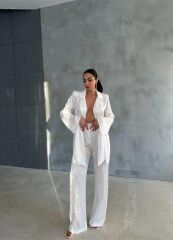 VİSKON JAKARLI BAĞLAMALI GÖMLEK - PANTOLON TAKIM - Beyaz