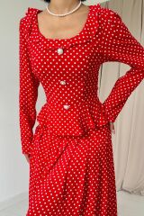 Kırmızı Puantiye Desenli Volanlı Elbise