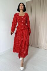 Kırmızı Puantiye Desenli Volanlı Elbise