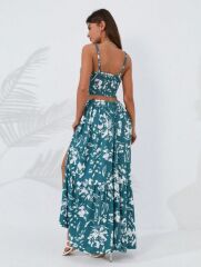 Kadın Ince Askılı çiçek Baskı Desenli Crop Yırtmaçlı Etek Ikili Süprem Takım