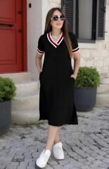 Kadın Kısa Kollu V Yaka Ve Yaka Ribana Detay Midiboy Viskon Elbise