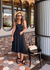 Kadın Askılı Kare Yakalı Midi Ithal Krep Elbise