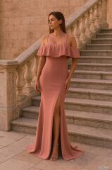 Kadın Dalgıç Krep Yırtmaç Detaylı Askılı Maxi Boy Elbise