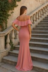 Kadın Dalgıç Krep Yırtmaç Detaylı Askılı Maxi Boy Elbise