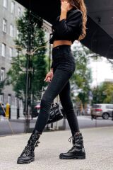 Kadın Fermuar Detay Yüksek Kemerli Kot Pantolon