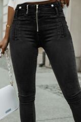 Kadın Fermuar Detay Yüksek Kemerli Kot Pantolon