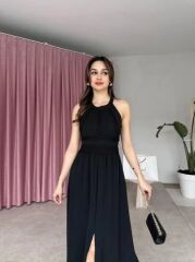 Kadın Krinkil Kumaş Beli Gipeli Halter Yaka Maxi Boy Elbise