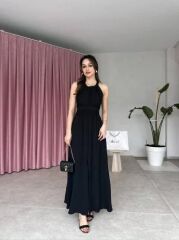 Kadın Krinkil Kumaş Beli Gipeli Halter Yaka Maxi Boy Elbise