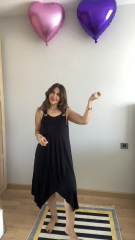 Kadın Askılı Yuvarlak Yaka Kuş Gözü Detaylı Asimetrik Viskon Elbise