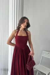 Bordo Boyundan Bağlamalı Keten Elbise