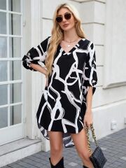 Kadın Uzun Kollu V Yakalı Desenli Dalgıç Elbise