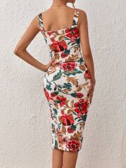 Kadın Askılı Kare Yakalı Yırtmaçlı çiçek Desenli Dalgıç Elbise