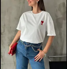 Unisex Bisiklet Yaka Baskılı Oversize T-Shirt - Beyaz