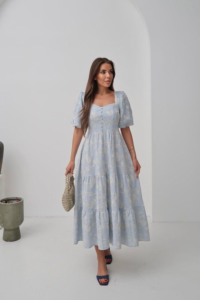 Bebe Mavi Süs Düğmeli Balon Kollu Elbise