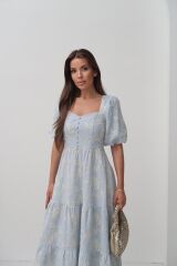 Bebe Mavi Süs Düğmeli Balon Kollu Elbise