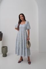 Bebe Mavi Süs Düğmeli Balon Kollu Elbise