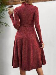 Kadın Uzun Kollu Balıkçı Yaka Kemer Detaylı Yumoş Midi Elbise