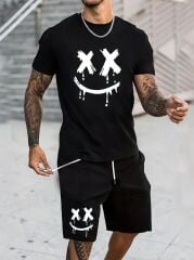 Erkek Kısa Kollu Bisiklet Yaka Baskılı Bluz Ipli Short Iki Iplik Takım