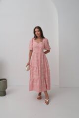 Pembe Süs Düğmeli Balon Kollu Elbise