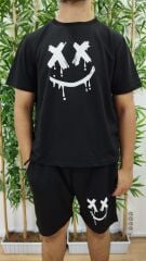 Erkek Kısa Kollu Bisiklet Yaka Baskılı Bluz Ipli Short Iki Iplik Takım