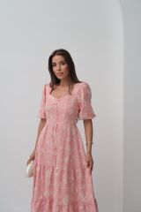 Pembe Süs Düğmeli Balon Kollu Elbise