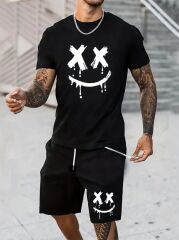 Erkek Kısa Kollu Bisiklet Yaka Baskılı Bluz Ipli Short Iki Iplik Takım