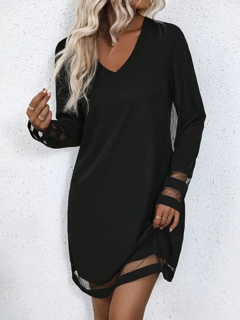 Kadın Uzun Kollu V Yakalı şeritli Tül Detaylı Ithal Krep Elbise