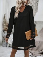 Kadın Uzun Kollu V Yakalı şeritli Tül Detaylı Ithal Krep Elbise