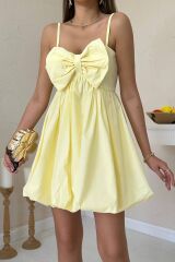 Sarı Önü Fiyonklu Askılı Elbise