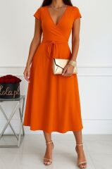 Kadın Kısa Kollu V Yakalı Belden Kuşaklı Maksi Boy Viskon Elbise
