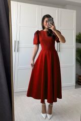 Kadın Kısa Balon Kollu Bisiklet Yaka Geniş Kesim Janjan Krep Elbise