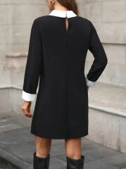 Kadın Uzun Kollu Yakalı Incili Ithal Krep Elbise