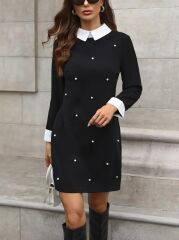 Kadın Uzun Kollu Yakalı Incili Ithal Krep Elbise