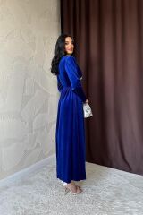 Saks Göğüs Altı Taşlı Elbise