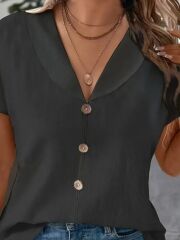 Kadın Kısa Kollu Derin V Yakalı Düğmeli Ithal Keten Bluz