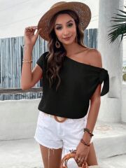 Kadın Tek Omuzu Açık Koldan Bağlamalı Janjan Krep Bluz