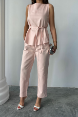 KETEN BLUZ - PANTOLON TAKIM MASSİMO MODELSCREAT KUMAŞ - Pudra