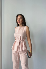 KETEN BLUZ - PANTOLON TAKIM MASSİMO MODELSCREAT KUMAŞ - Pudra