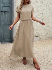 Kadın Kısa Kollu Bisiklet Yaka Bluz Etekli Ithal Keten Ikili Takım