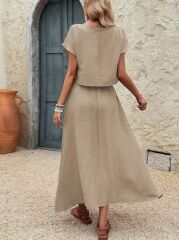 Kadın Kısa Kollu Bisiklet Yaka Bluz Etekli Ithal Keten Ikili Takım