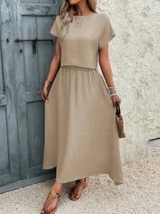 Kadın Kısa Kollu Bisiklet Yaka Bluz Etekli Ithal Keten Ikili Takım