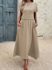 Kadın Kısa Kollu Bisiklet Yaka Bluz Etekli Ithal Keten Ikili Takım