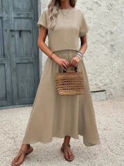 Kadın Kısa Kollu Bisiklet Yaka Bluz Etekli Ithal Keten Ikili Takım