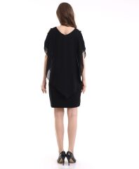 Kadın V Yaka Kolu Bağcık Detaylı Şifonlu Fırsat Ürün Diz Üstü Elbise