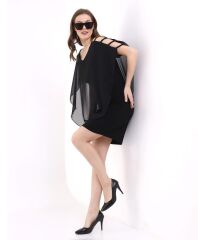 Kadın V Yaka Kolu Bağcık Detaylı Şifonlu Fırsat Ürün Diz Üstü Elbise